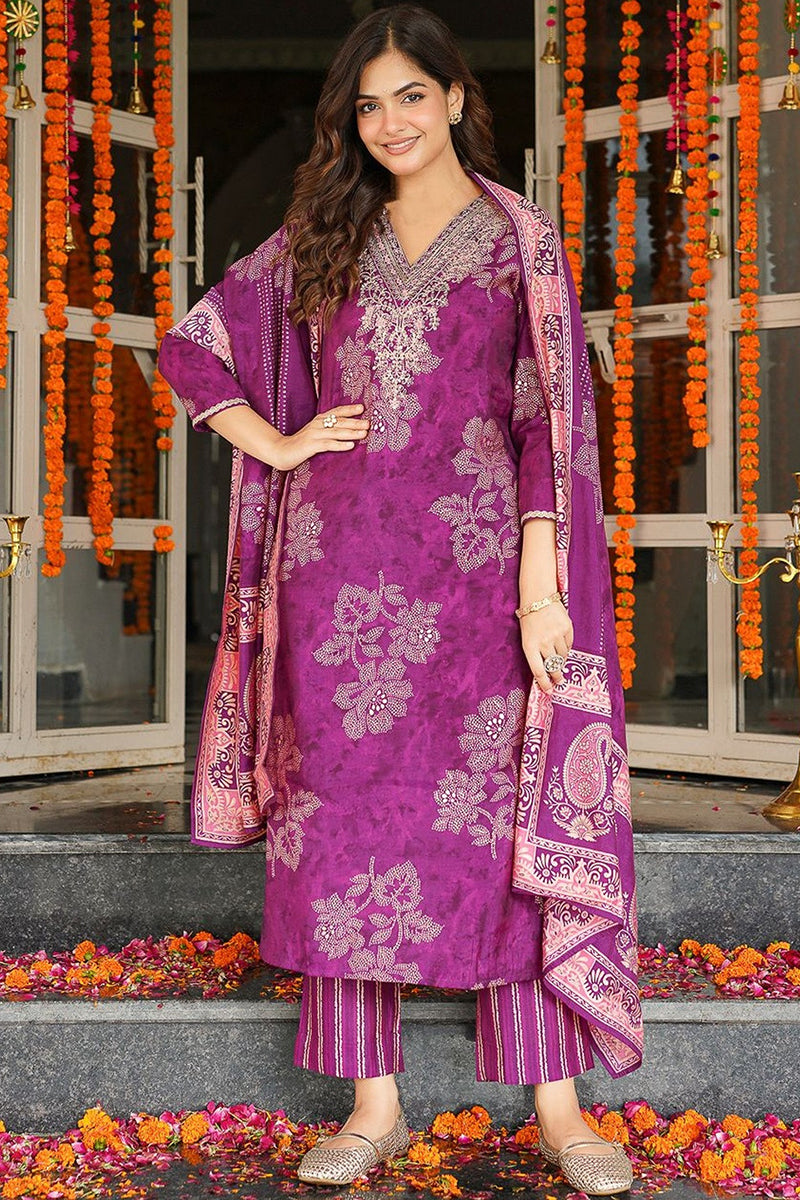 Purple Poly Chanderi Floral Embroidered Straight Kurta Trousers With Dupatta SKSKD3130