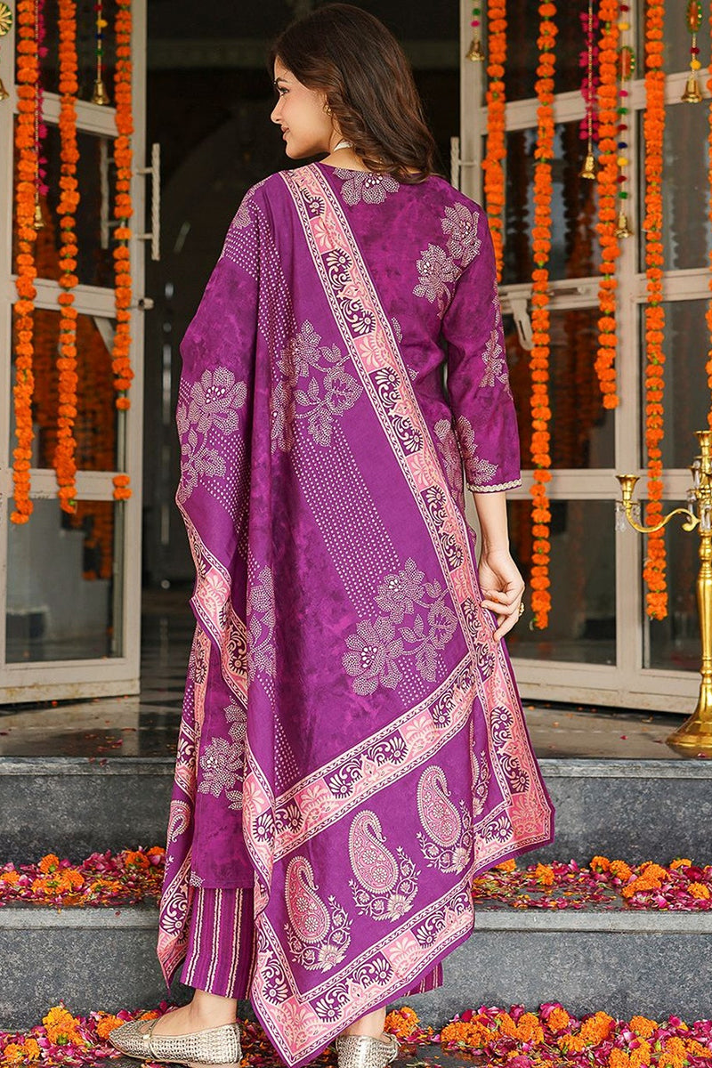 Purple Poly Chanderi Floral Embroidered Straight Kurta Trousers With Dupatta SKSKD3130