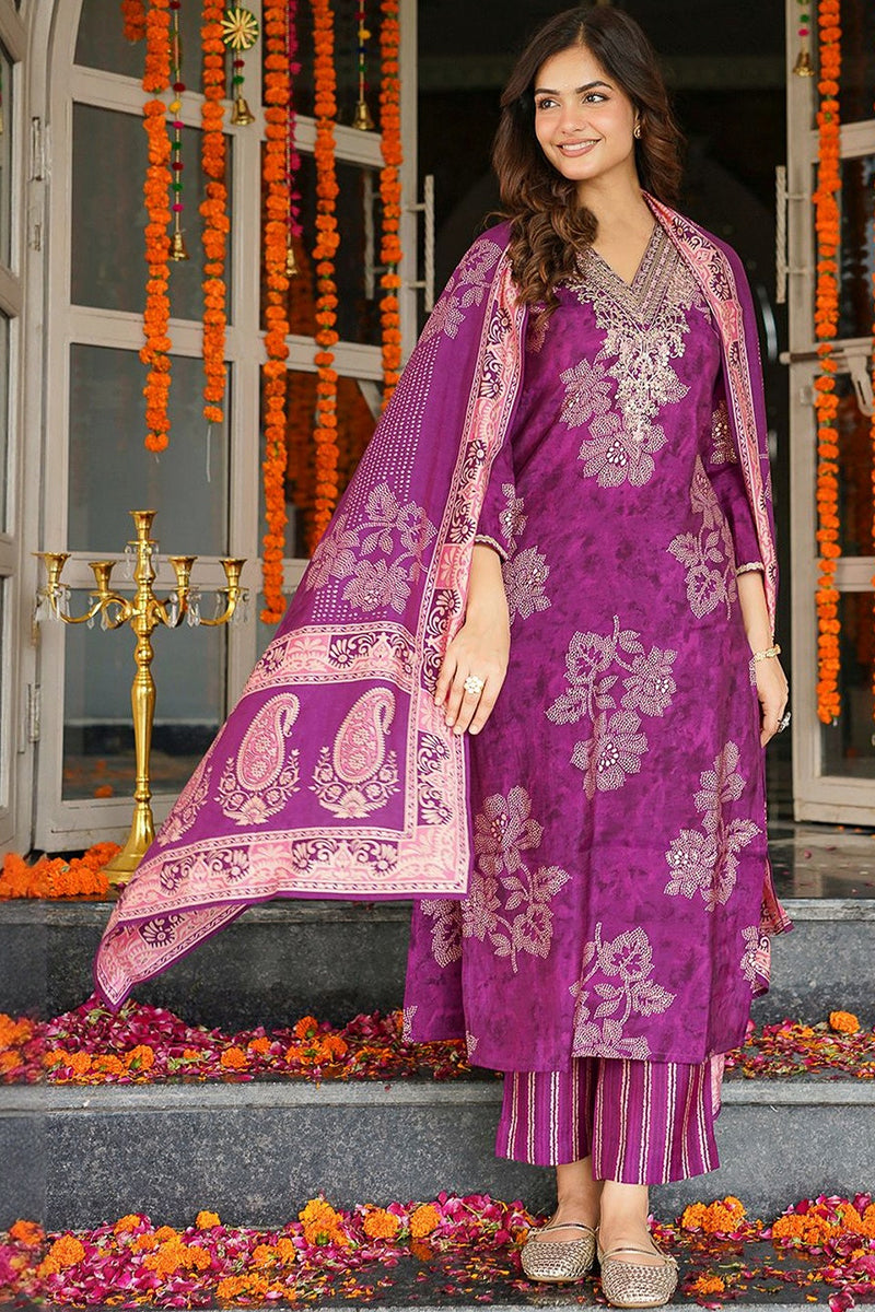 Purple Poly Chanderi Floral Embroidered Straight Kurta Trousers With Dupatta SKSKD3130