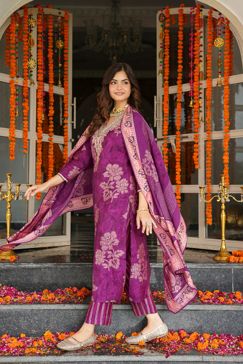Purple Poly Chanderi Floral Embroidered Straight Kurta Trousers With Dupatta SKSKD3130