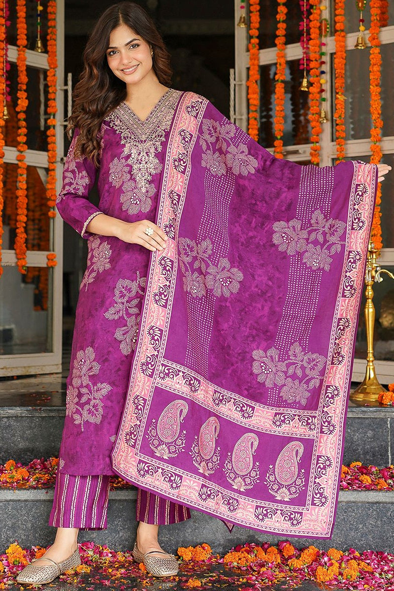 Purple Poly Chanderi Floral Embroidered Straight Kurta Trousers With Dupatta SKSKD3130
