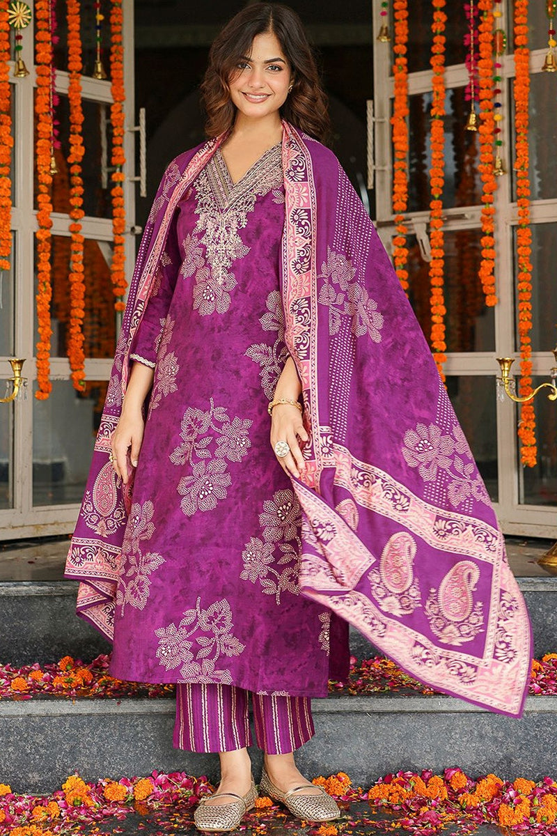 Purple Poly Chanderi Floral Embroidered Straight Kurta Trousers With Dupatta SKSKD3130