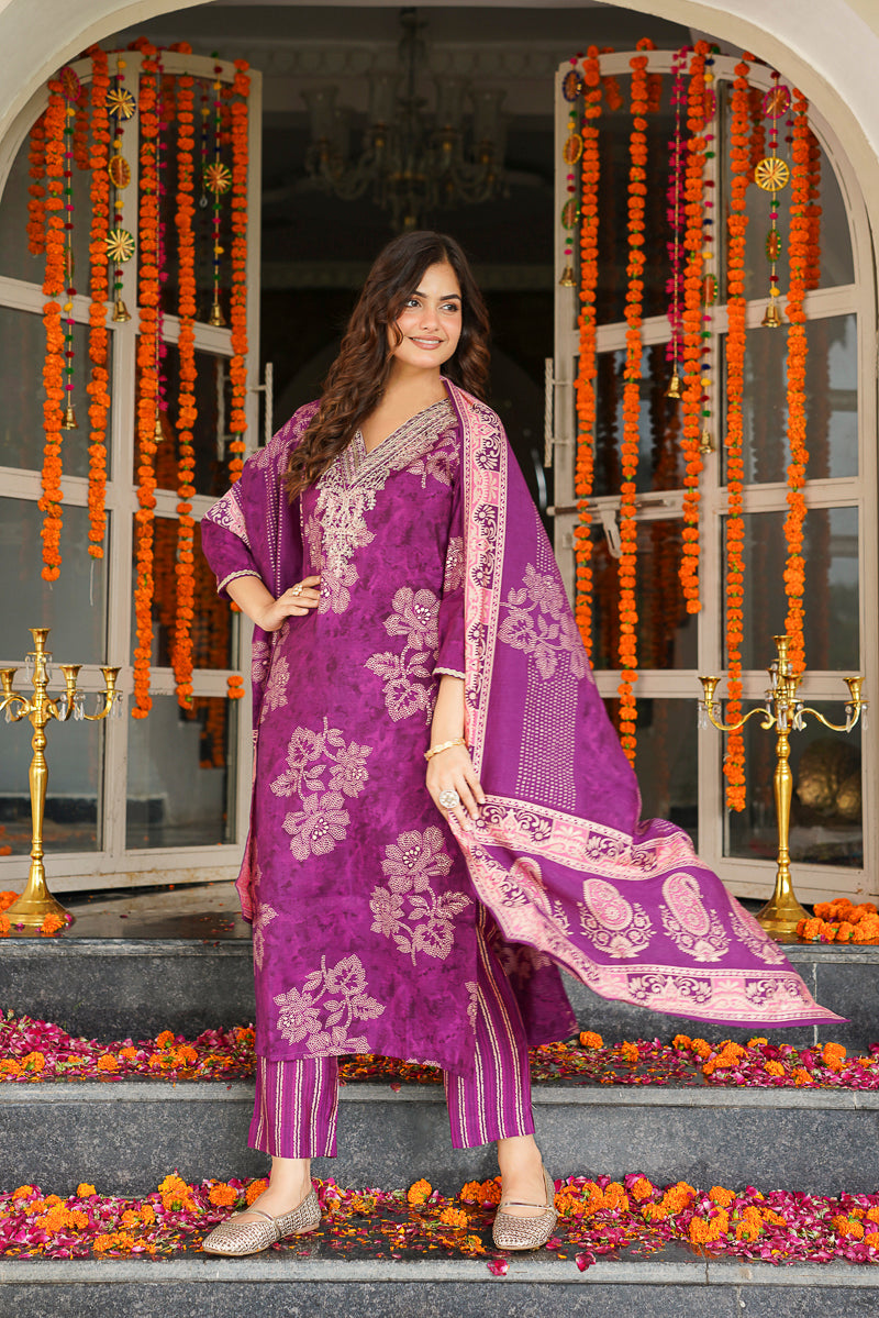Purple Poly Chanderi Floral Embroidered Straight Kurta Trousers With Dupatta SKSKD3130