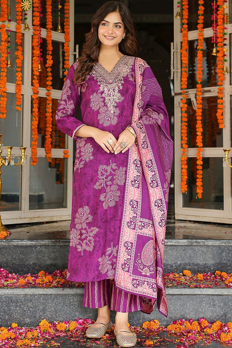 Purple Poly Chanderi Floral Embroidered Straight Kurta Trousers With Dupatta SKSKD3130