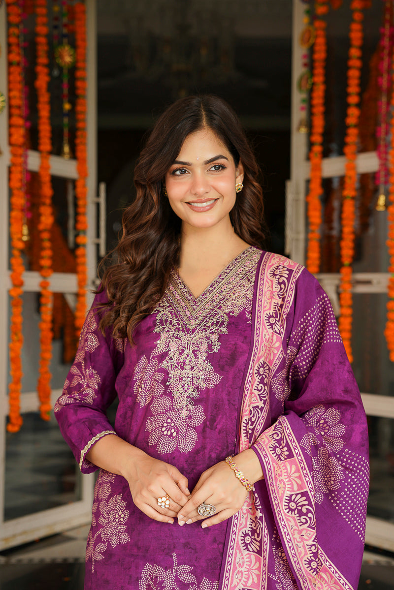 Purple Poly Chanderi Floral Embroidered Straight Kurta Trousers With Dupatta SKSKD3130