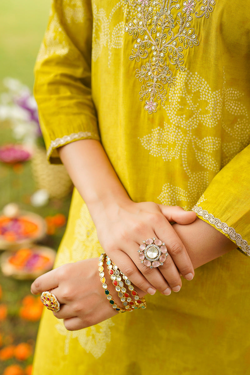 Yellow Poly Chanderi Floral Embroidered Straight Kurta Trousers With Dupatta SKSKD3131