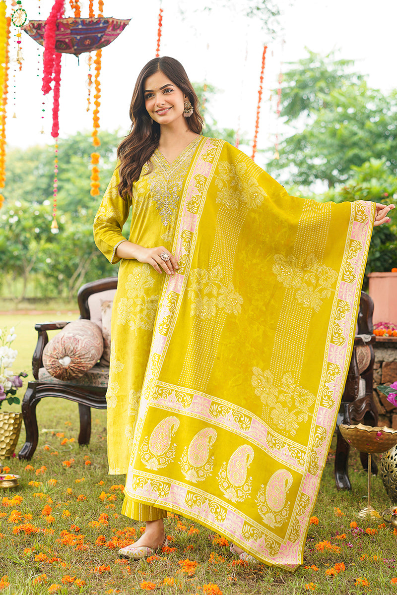 Yellow Poly Chanderi Floral Embroidered Straight Kurta Trousers With Dupatta SKSKD3131