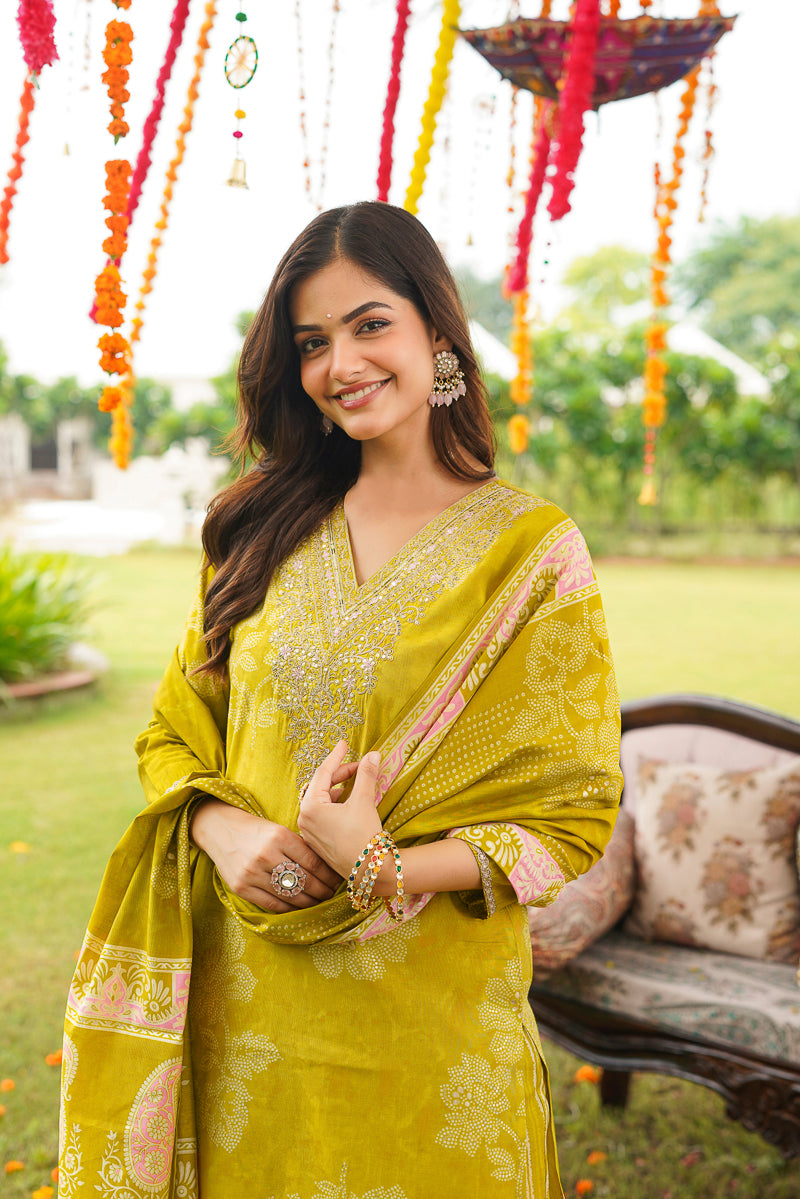 Yellow Poly Chanderi Floral Embroidered Straight Kurta Trousers With Dupatta SKSKD3131