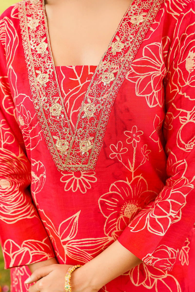 Red Poly Chanderi Floral Embroidered Straight Kurta Trousers With Dupatta SKSKD3132
