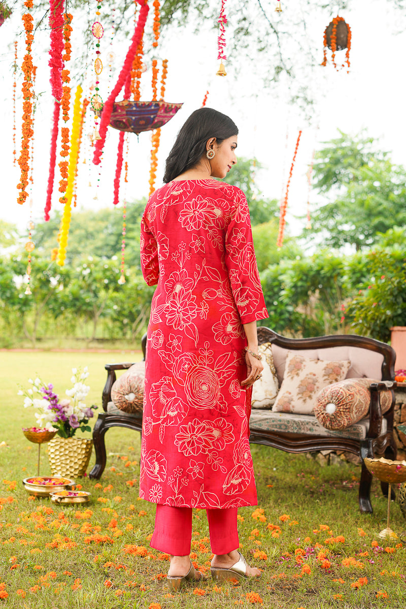 Red Poly Chanderi Floral Embroidered Straight Kurta Trousers With Dupatta SKSKD3132