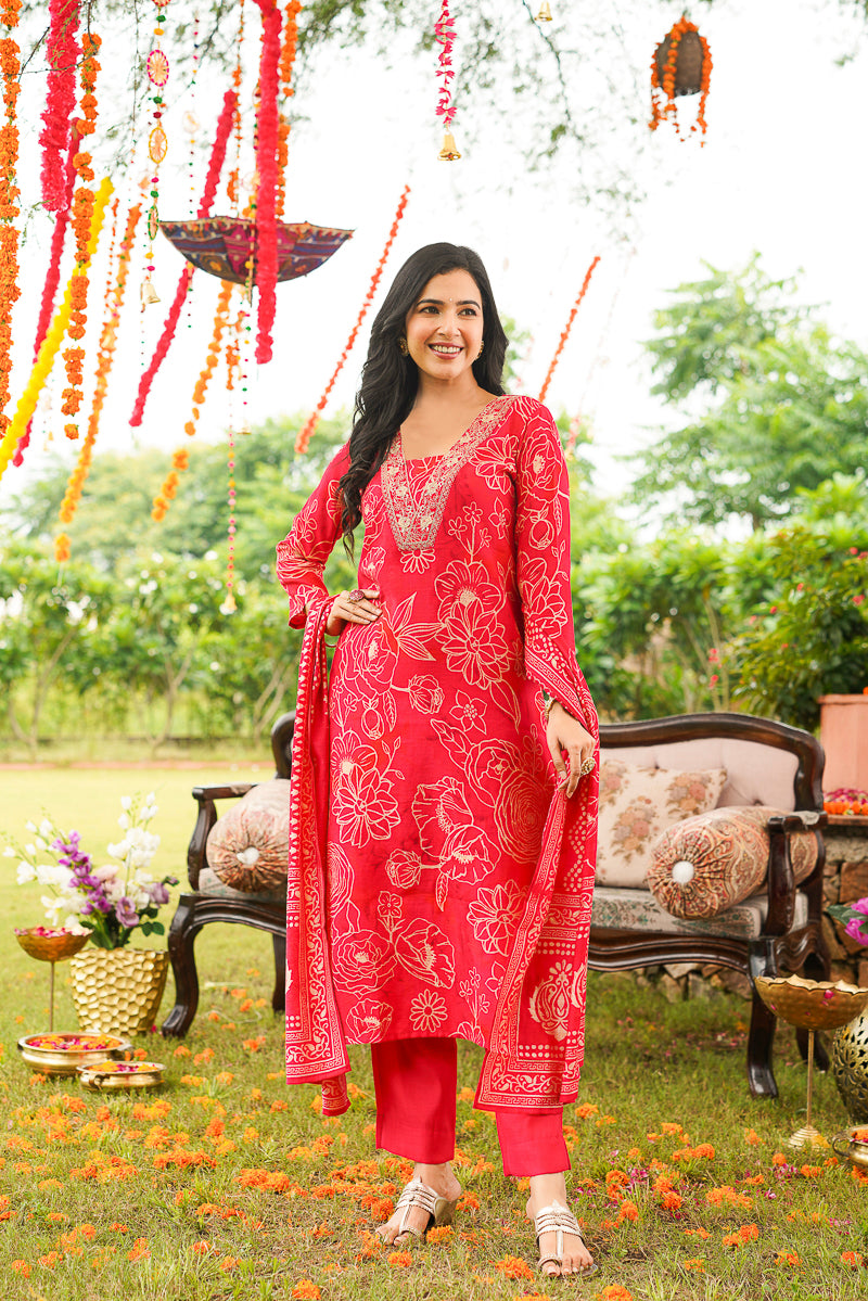 Red Poly Chanderi Floral Embroidered Straight Kurta Trousers With Dupatta SKSKD3132