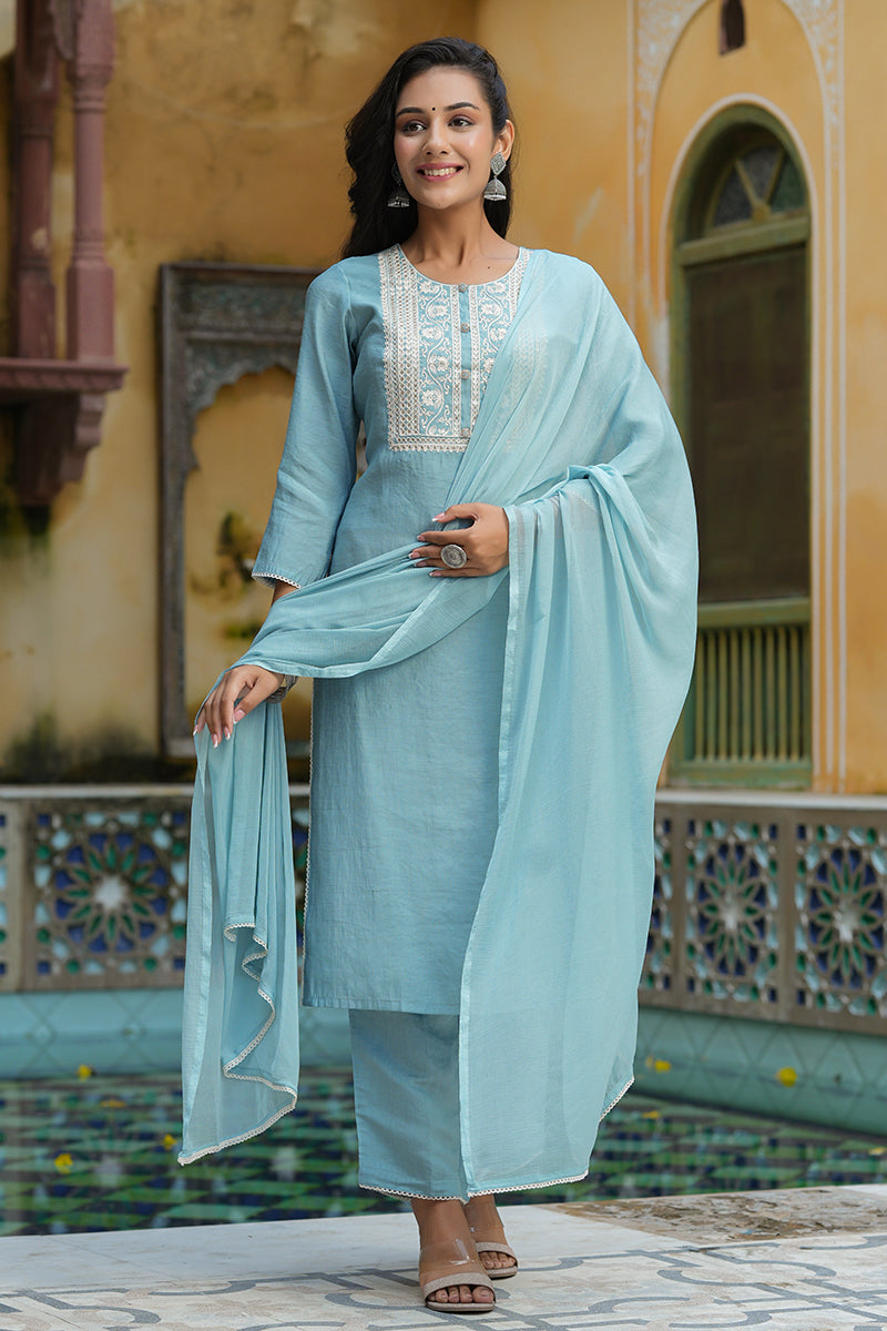 Grey Poly Silk Embroidered Straight Suit Set PKSKD1116