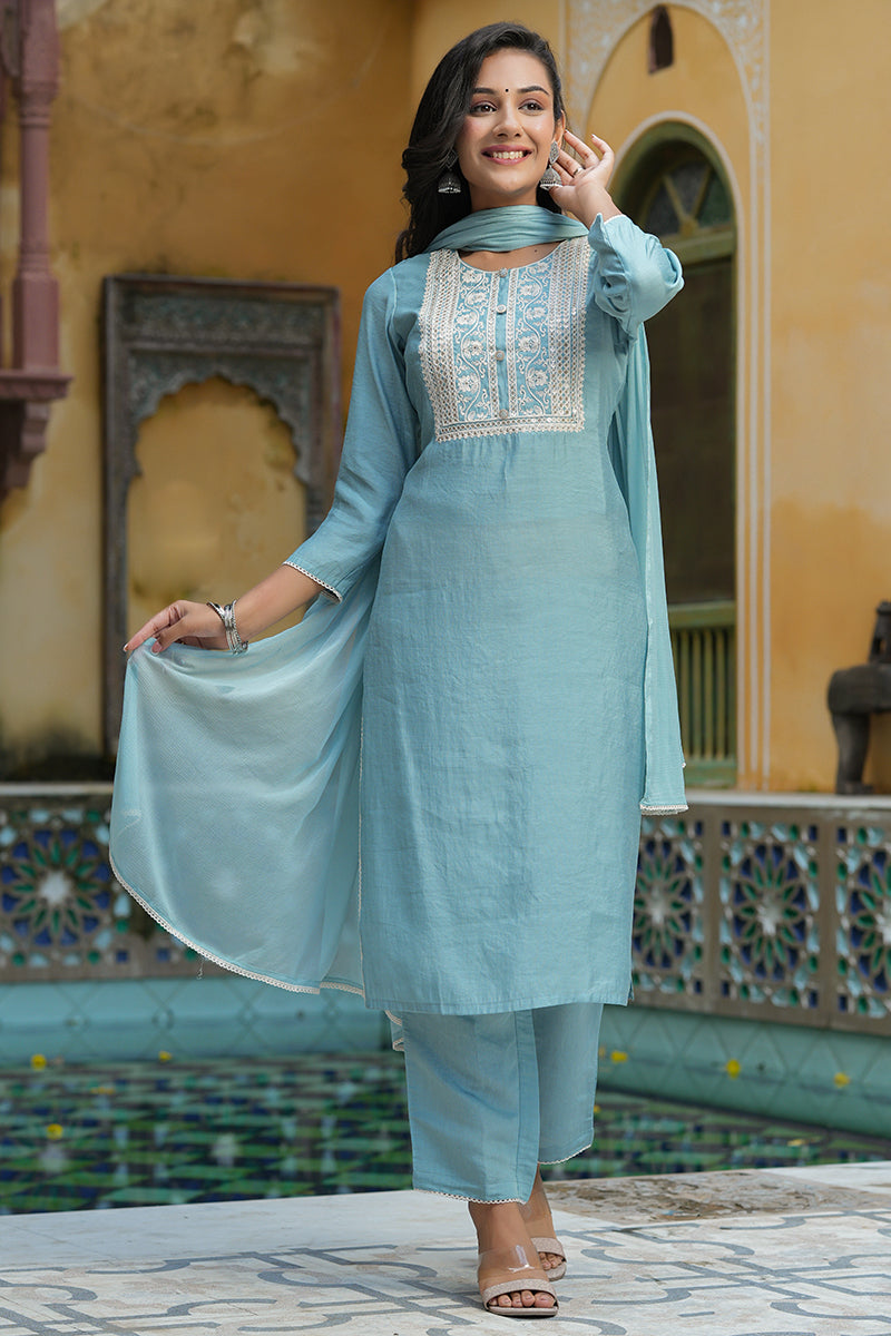 Grey Poly Silk Embroidered Straight Suit Set PKSKD1116