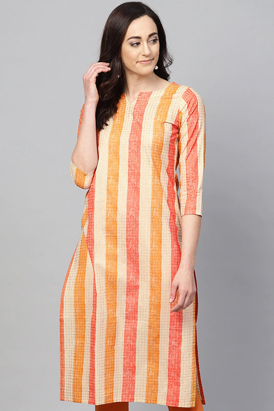 Women Cream-Colored & Orange Checked Straight Kurta VCK1100