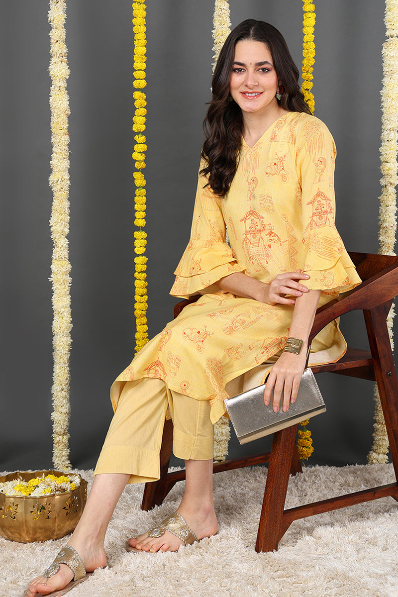 Women Cotton Fabric Yellow Color Printed Trendy Kurti VCK1122