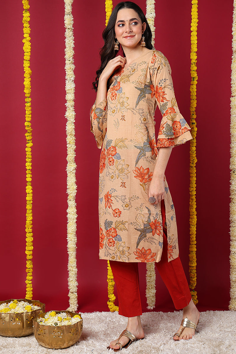 Chikoo Brown Occasion Wear Cotton Fabric Printed Stylish Kurti VCK1174