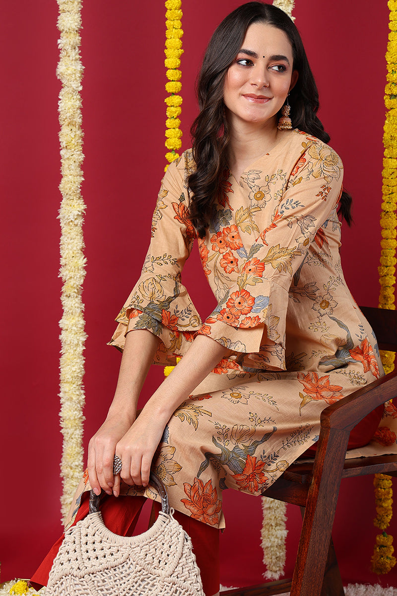 Occasion Wear Cotton Fabric Printed Stylish Chikoo Color Kurti VCK1174