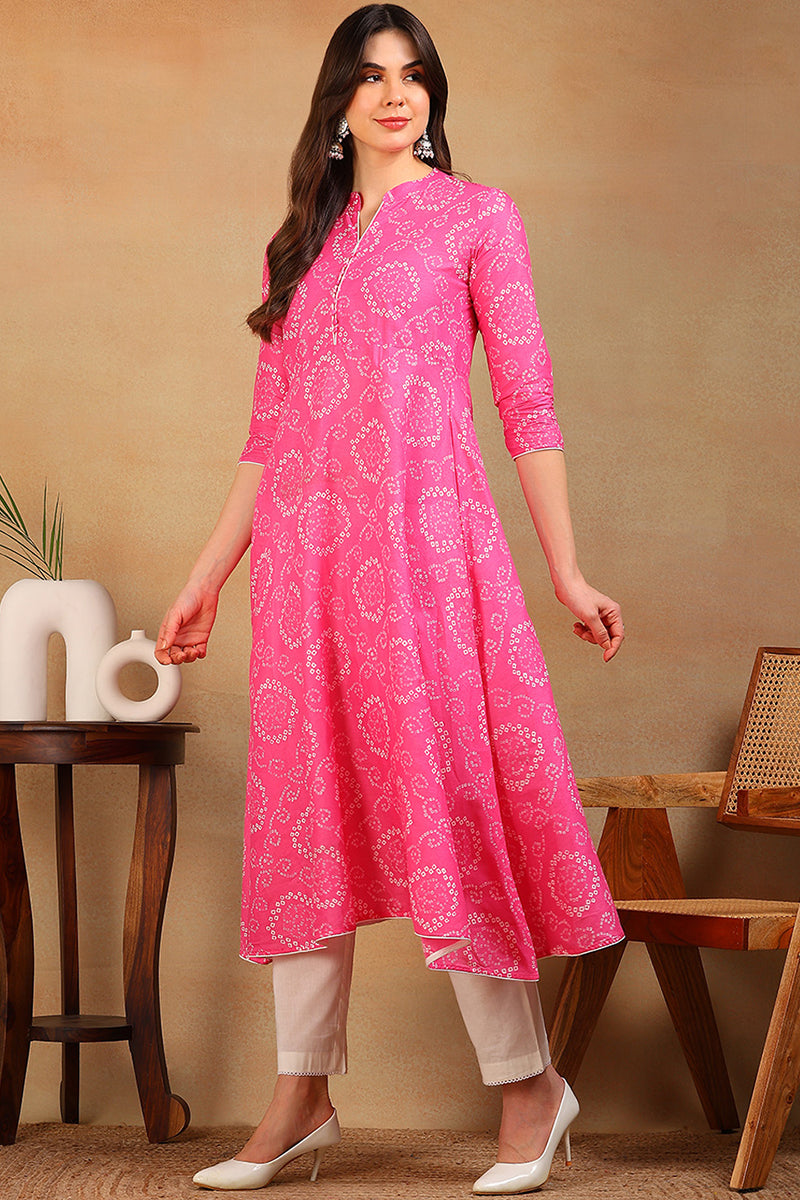 Pink Cotton Bandhani Flared Kurti VCK1177