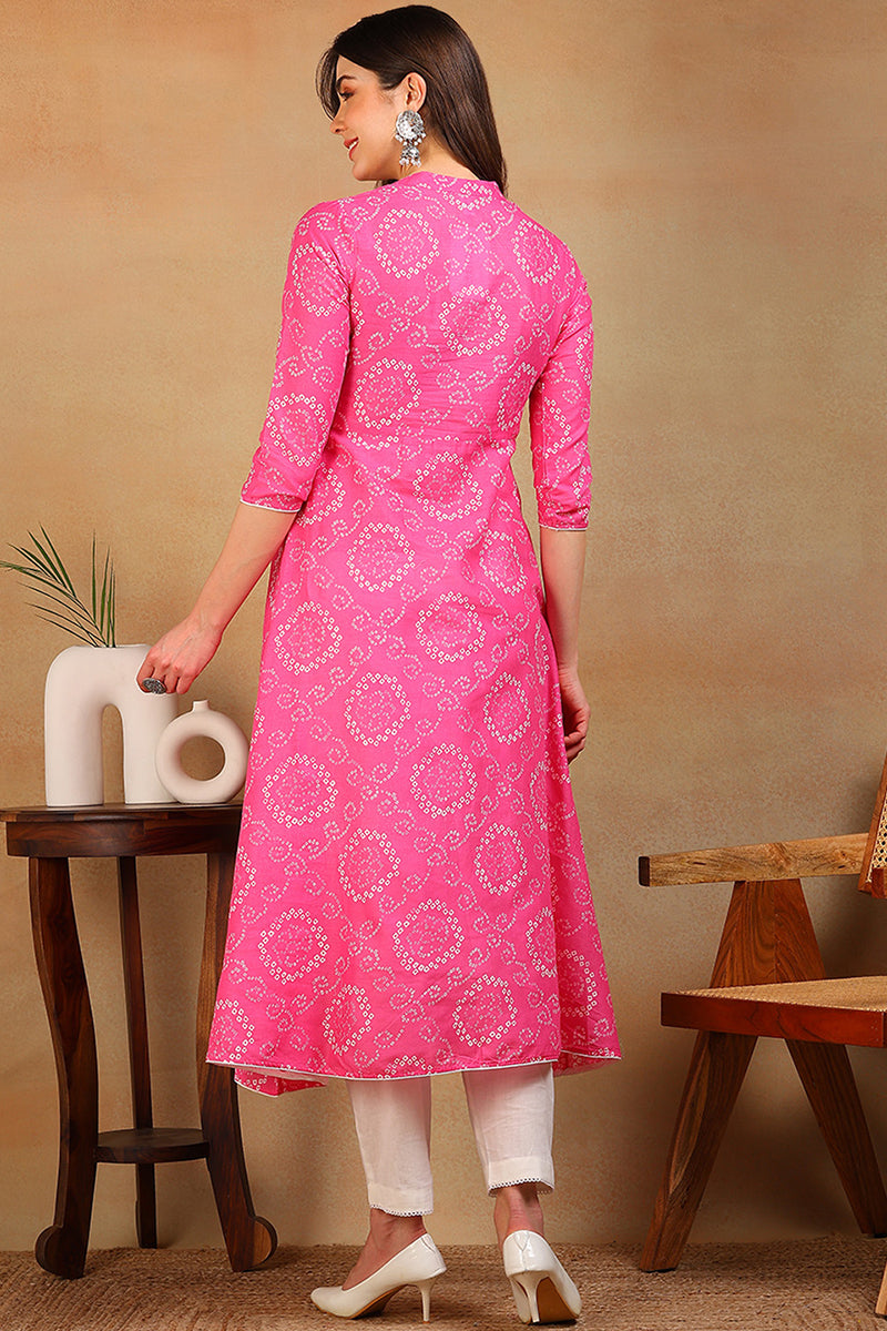 Pink Cotton Bandhani Flared Kurti VCK1177