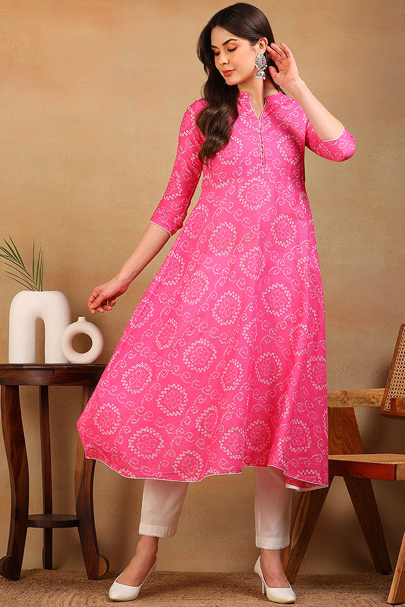 Pink Cotton Bandhani Flared Kurti VCK1177