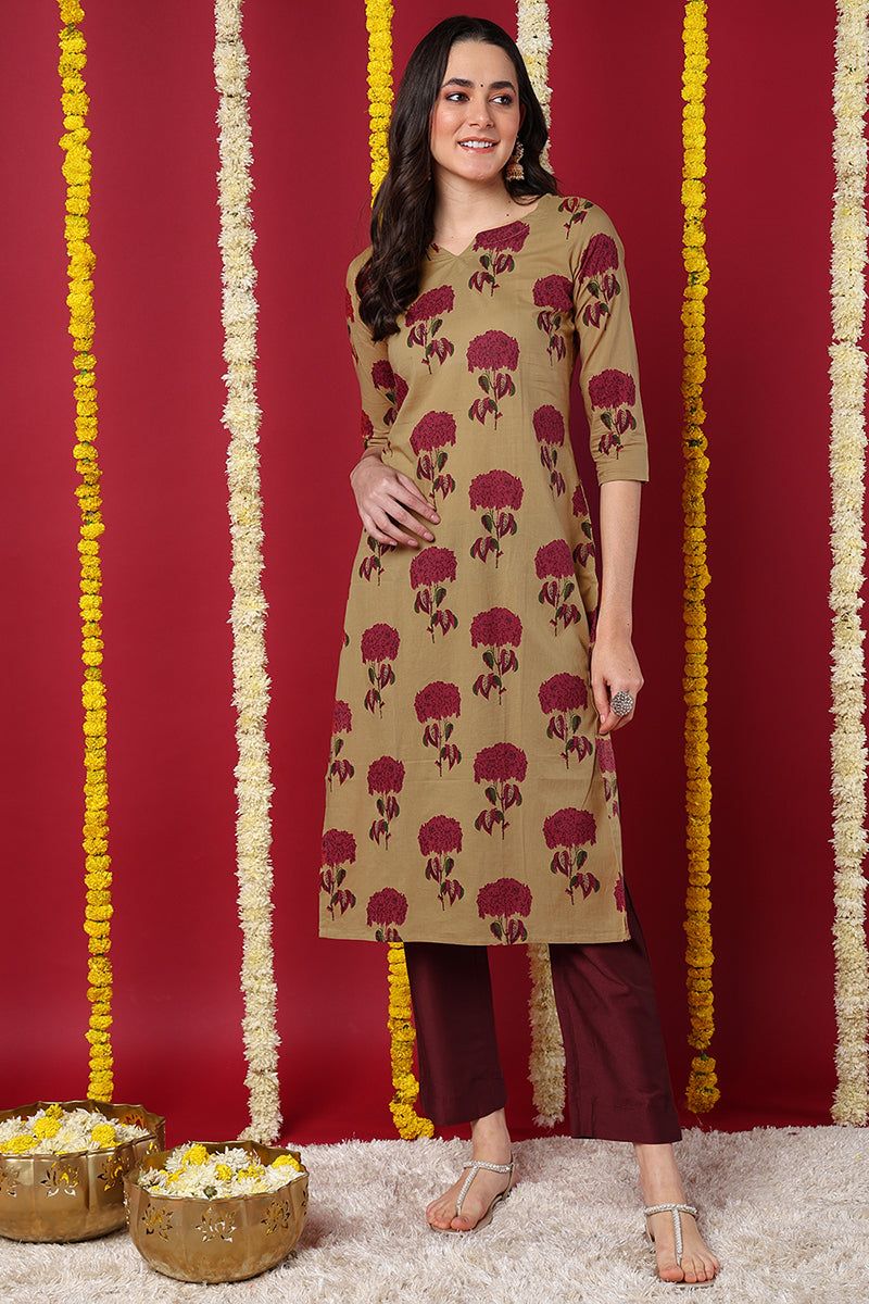 Cream Color Function Wear Cotton Fabric Printed Fancy Kurti VCK1190