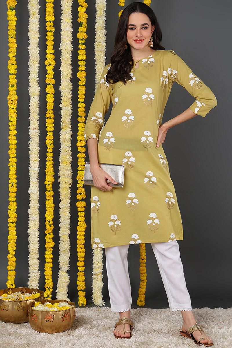 Mustard Yellow Color Function Wear Cotton Fabric Printed Fancy Kurti VCK1191
