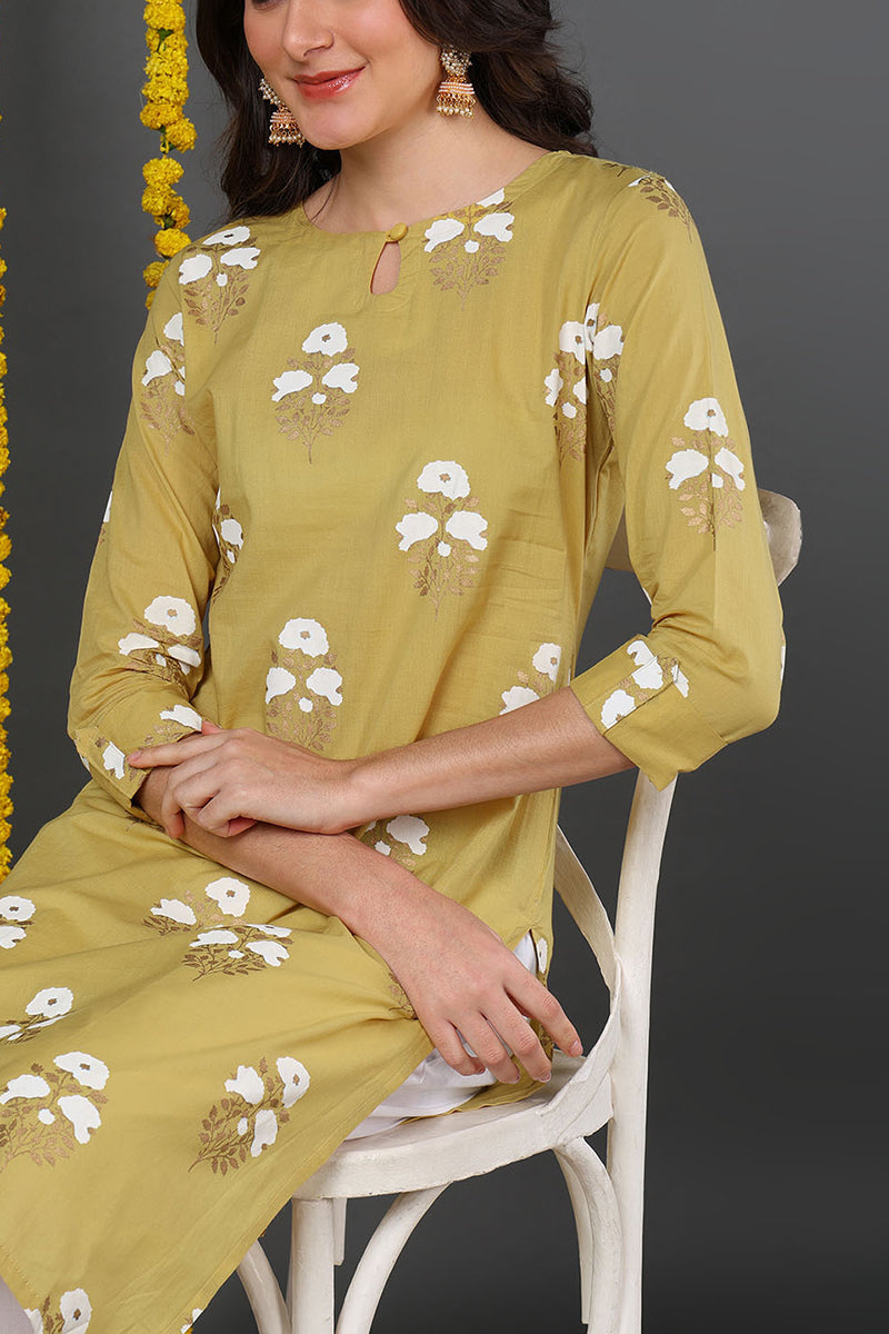 Mustard Yellow Color Function Wear Cotton Fabric Printed Fancy Kurti VCK1191