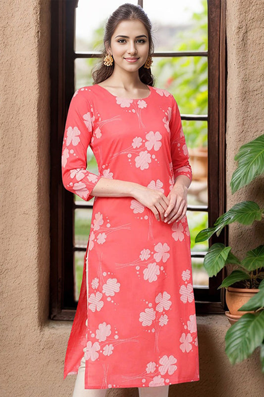 Printed Pink Cotton Fabric Kurti VCK1254