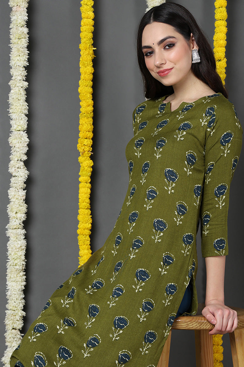 Cotton Trendy Festive Wear Mehendi Green Color Printed Kurti VCK1287
