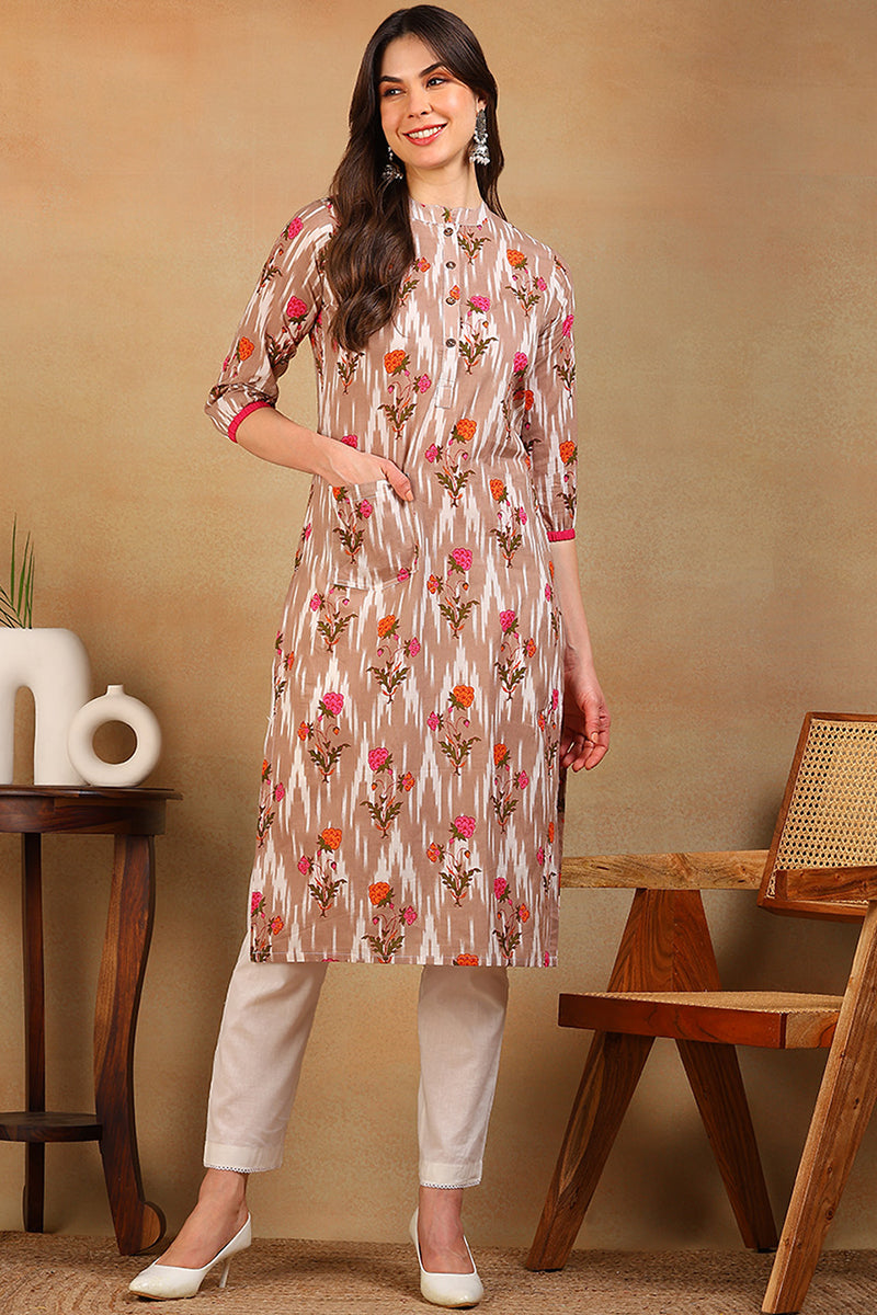 Fancy Occasion Wear Chikoo Color Printed Cotton Fabric Kurti VCK1330