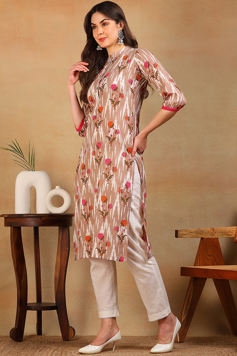 Fancy Occasion Wear Chikoo Color Printed Cotton Fabric Kurti VCK1330