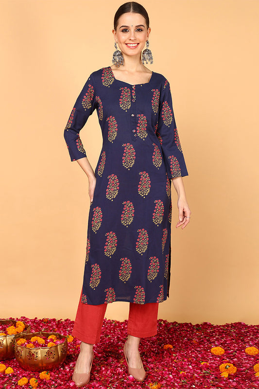 Women Fancy Occasion Wear Navy Blue Cotton Kurti VCK1395