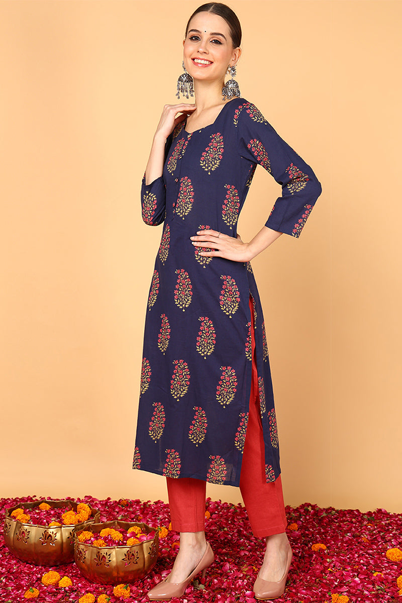 Women Fancy Occasion Wear Navy Blue Cotton Kurti VCK1395