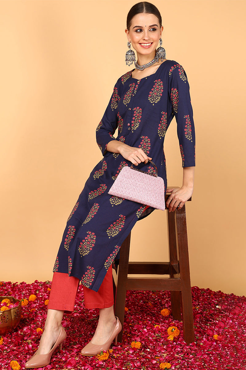 Women Fancy Occasion Wear Navy Blue Cotton Kurti VCK1395