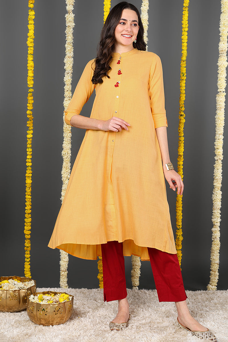 Women Cotton Trendy Festive Wear Yellow Printed Kurti VCK1542