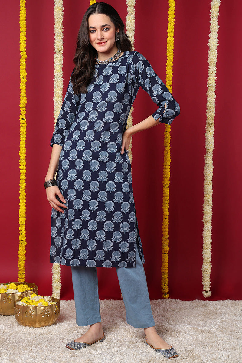 Navy Blue Floral Screen Printed Straight Kurta VCK1588