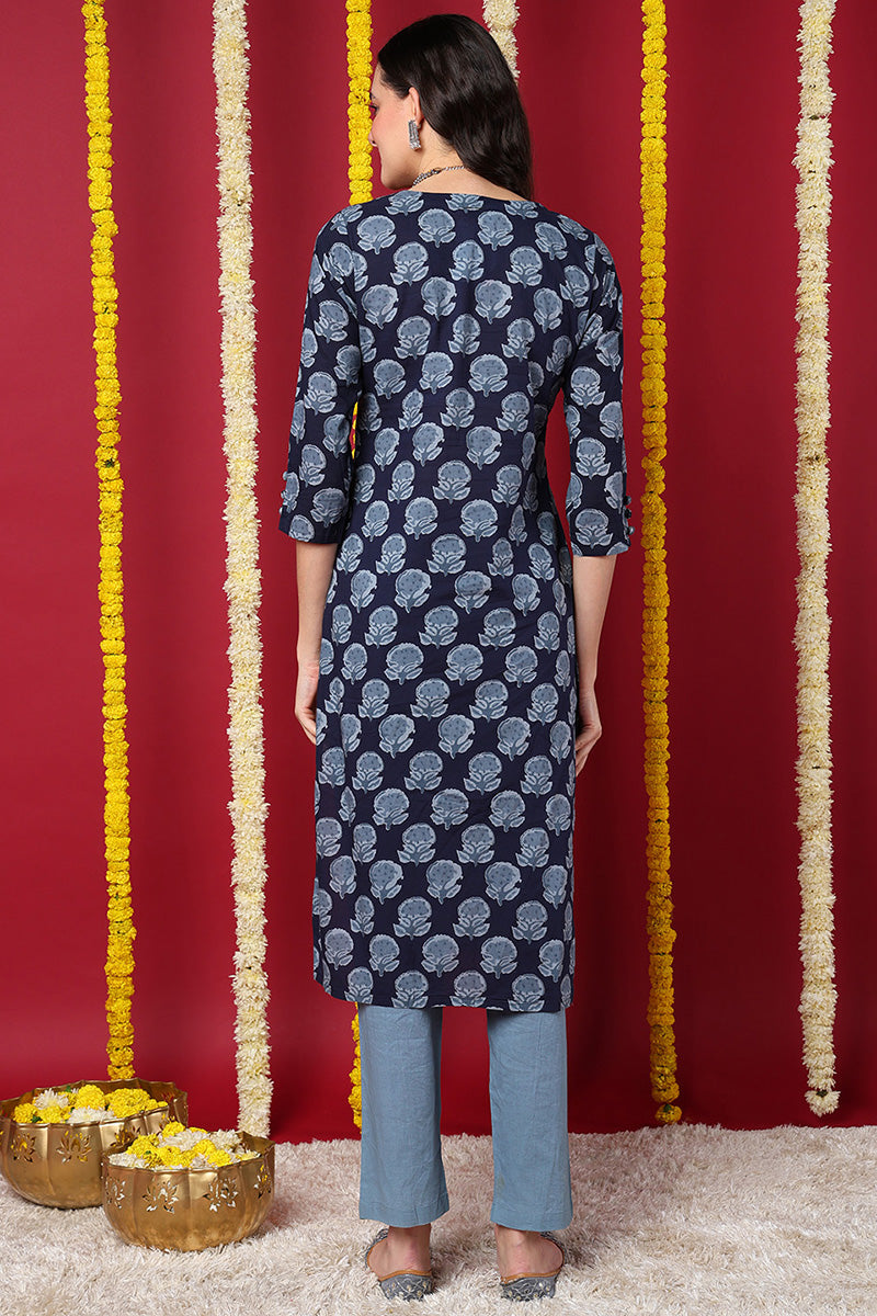 Navy Blue Floral Screen Printed Straight Kurta VCK1588