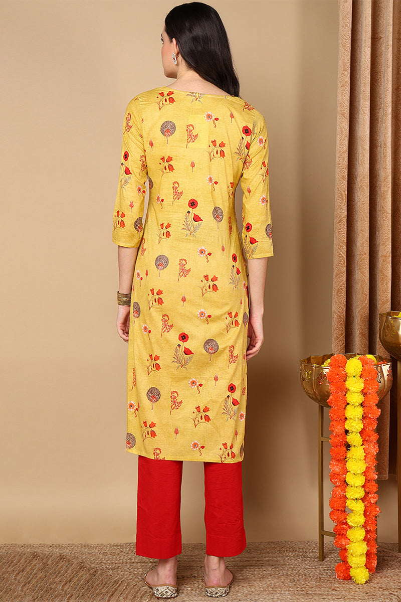 Mustard Yellow & Red Floral Print Straight Kurta VCK1595