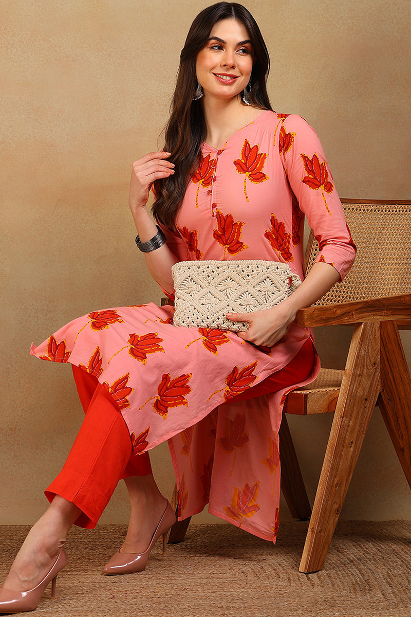Pink & Red Screen Floral Printed Straight Kurta VCK1603