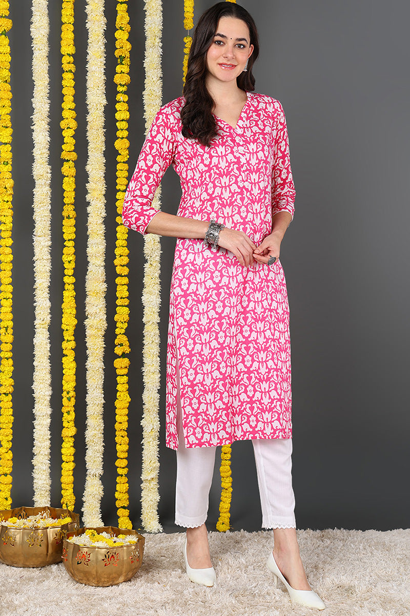 Women Pink & White Screen Printed Straight Kurta VCK1637