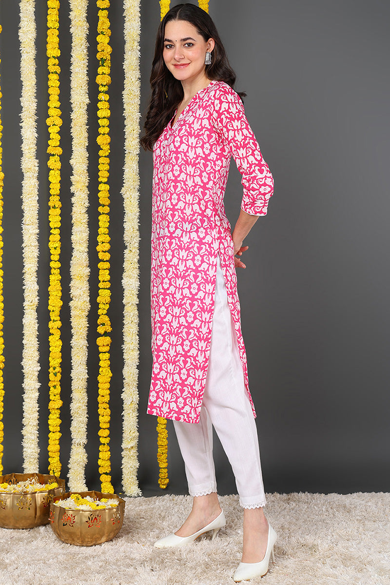 Women Pink & White Screen Printed Straight Kurta VCK1637