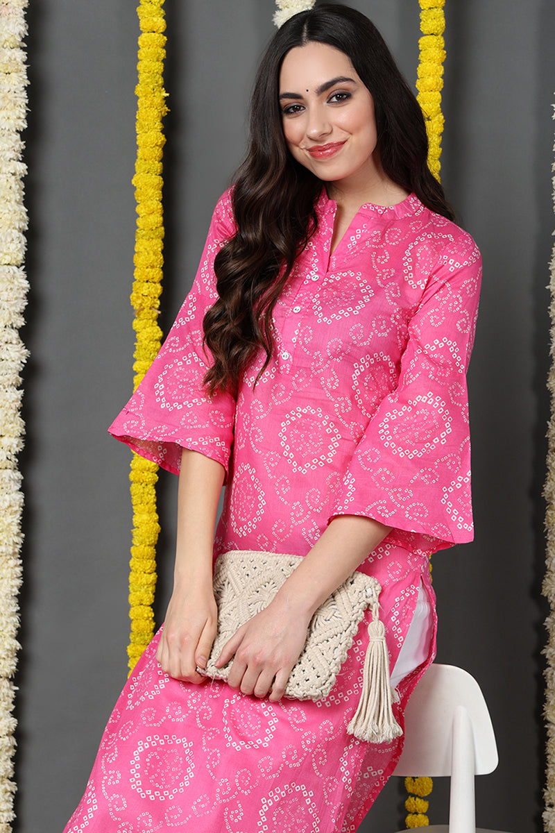 Women Pink And White Bandhani Printed Straight Kurta With Flared Sleeves VCK1844E
