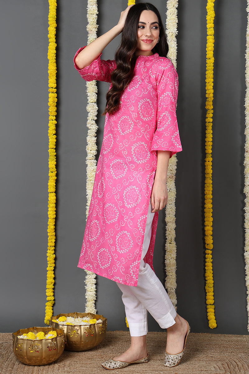 Women Pink And White Bandhani Printed Straight Kurta With Flared Sleeves VCK1844E