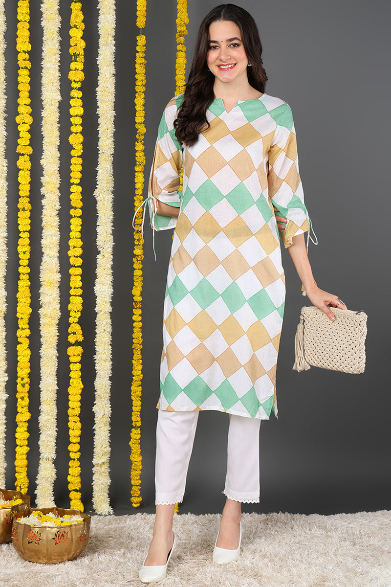 White And Green Printed Straight Kurta VCK1852E