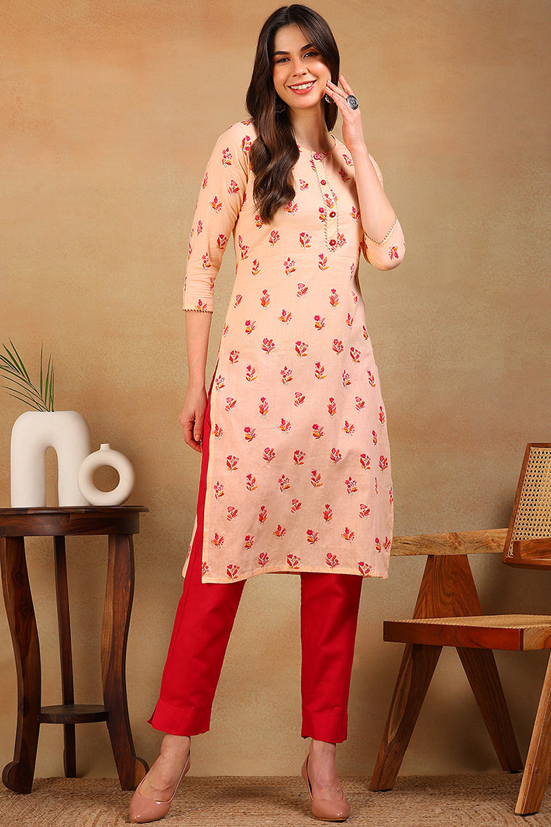 Women Cotton Orange Floral Printed Straight Kurti VCK8304