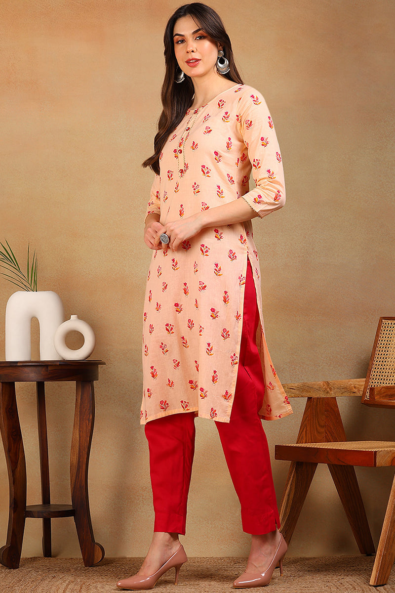 Women Cotton Orange Floral Printed Straight Kurti VCK8304