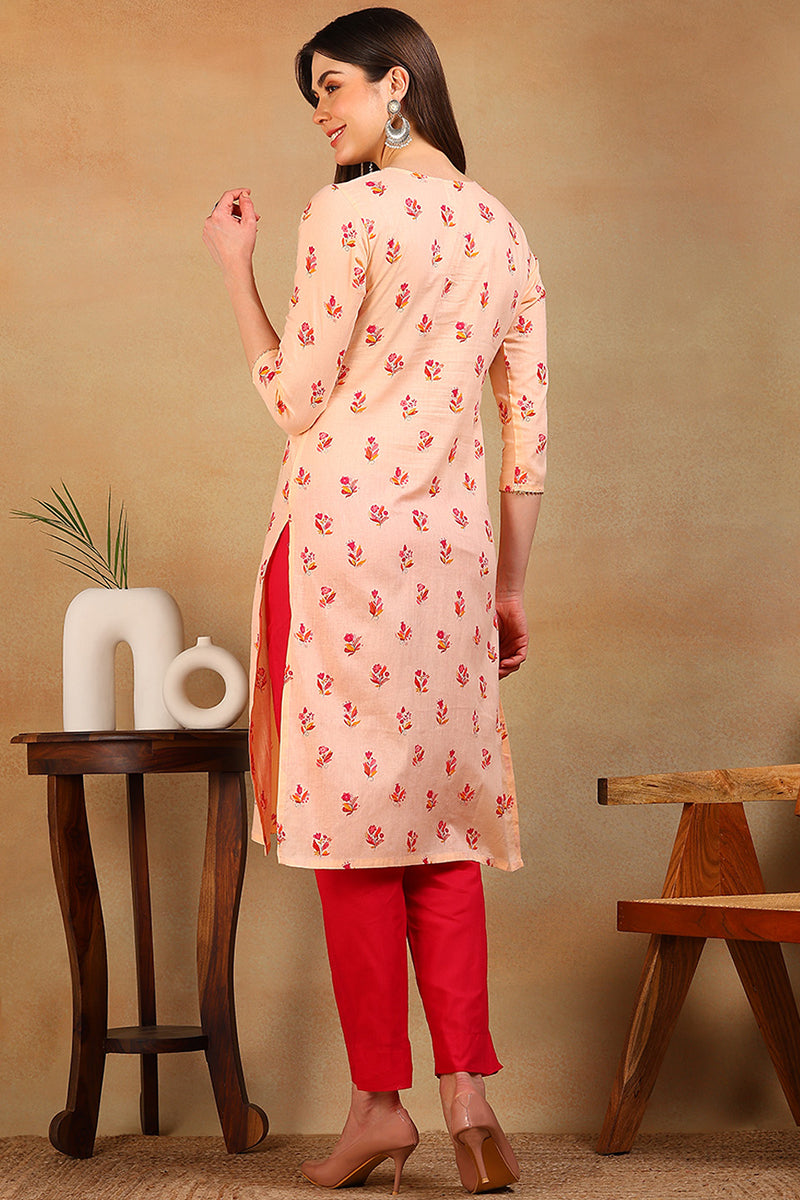 Women Cotton Orange Floral Printed Straight Kurti VCK8304