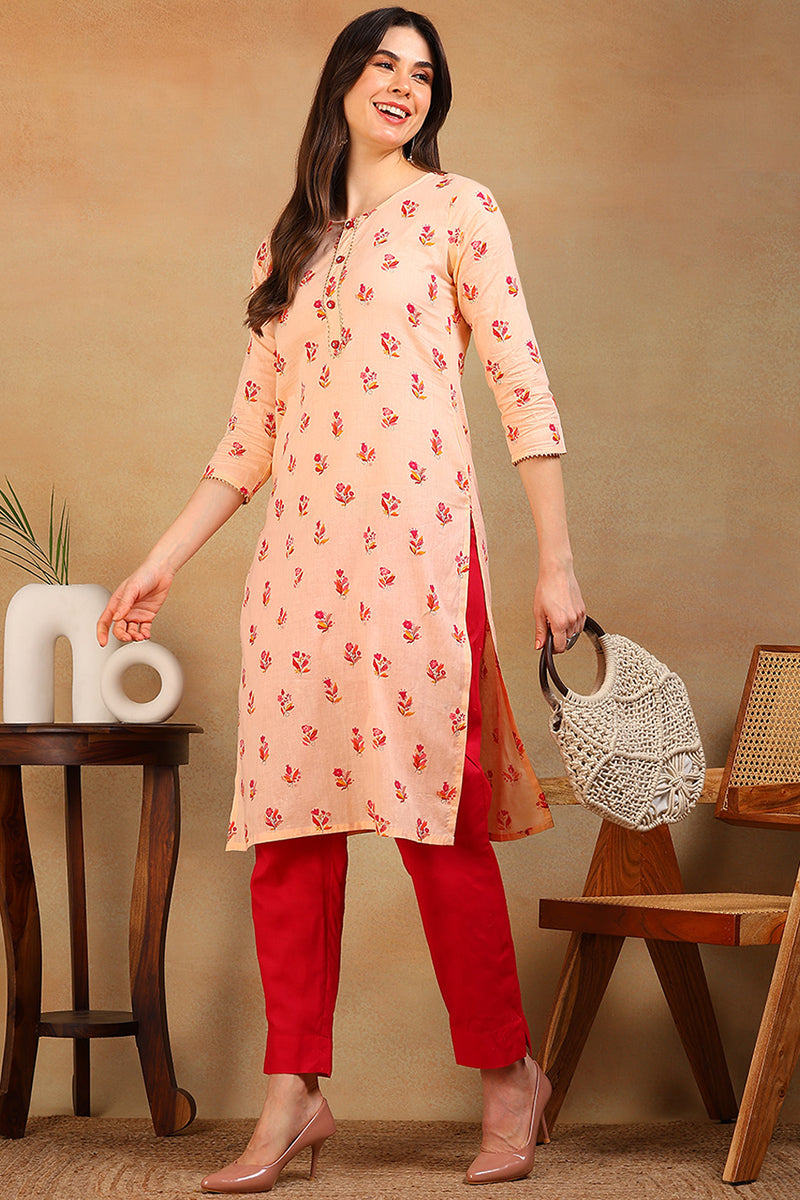 Women Cotton Orange Floral Printed Straight Kurti VCK8304