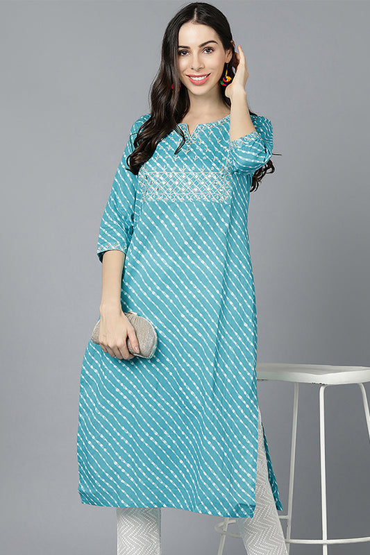 Turquoise blue Cotton Printed Kurta VCK8570