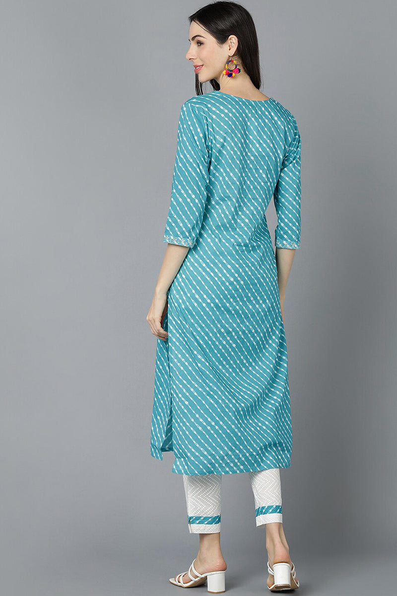 Turquoise blue Cotton Printed Kurta VCK8570